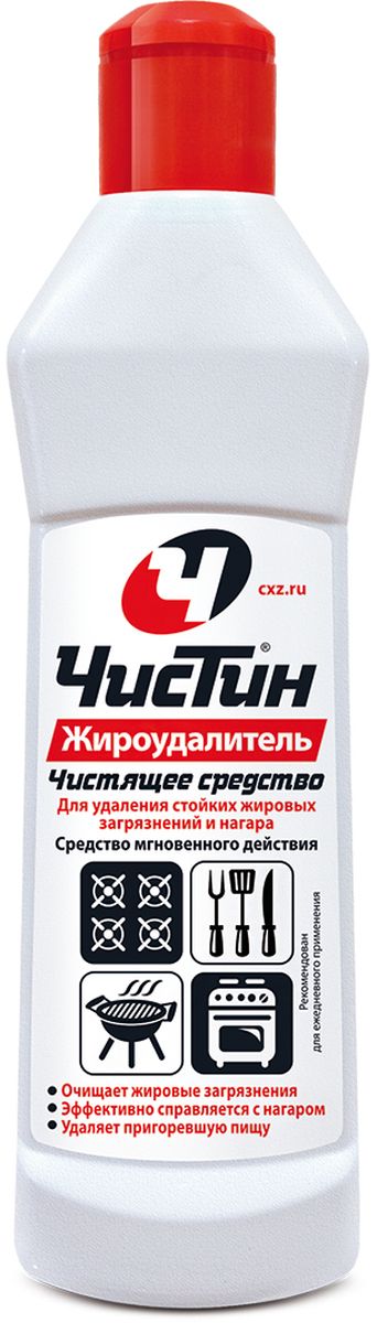 Средство для кухни Чистин Жироудалитель, 300 мл391602 Средство для кухни Чистин Жироудалитель, 300 мл391602Гель быстро действия для удаления стойких, застарелых жировых загрязнений с духовок, кухонных плит, вытяжек, микроволновых печей, кухонных фарктуков, конфорок, шампуров, барбекю. Эффективно и бережно удаляет пригоревшую пищу, особо стойкие жировые загрязнения и нагар.