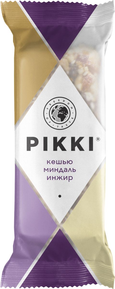 Pikki Кешью-Миндаль-Инжир батончик орехово-фруктовый, 35 г0120710 Pikki Кешью-Миндаль-Инжир батончик орехово-фруктовый, 35 г0120710Натуральные ингредиенты без консервантов, красителей, усилителей вкуса, классическая плоская упаковка, которую удобно взять с собой, и приятный хруст - вот залог популярности хрустящих батончиков Pikki.