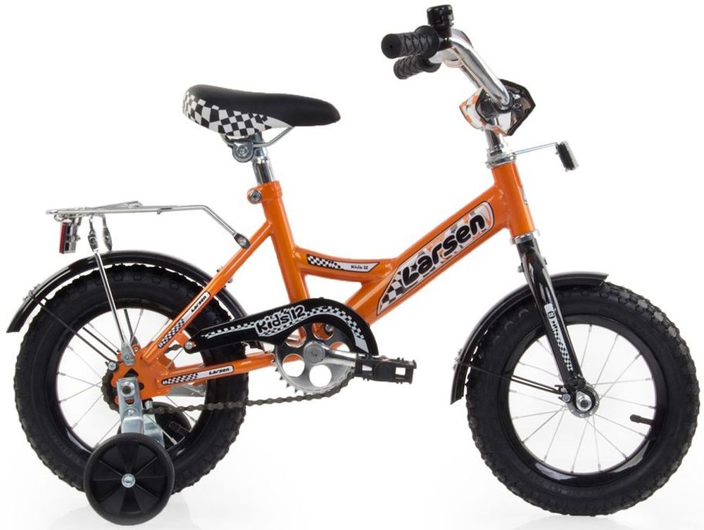 Велосипед детский Larsen Kids 12, цвет: оранжевый336206 Велосипед детский Larsen Kids 12, цвет: оранжевый336206Велосипед детский Larsen Kids 12 - первый велосипед для вашего ребенка. Он снабжен двумя дополнительными страховочными колесиками - для того, чтобы ваш малыш мог легко и безопасно научиться держать равновесие, а затем и самостоятельно кататься на двухколесном велосипеде. Когда ребенок будет уже уверенно держаться в седле, страховочные колесики можно снять, превратив велосипед в двухколесный.Велосипед создан с учетом максимальной безопасности для малышей. Форма стальной рамы позволяет без лишних усилий забираться и сходить с велосипеда. Цепь и вращающиеся шестеренки четырехколесного друга спрятаны в защитный короб, исключая попадание туда одежды и малейшую возможность случайно поцарапаться. Защитные крылья спасают от грязи и не дают ребенку испачкаться даже после дождя.Велосипед имеет всего одну скорость - это для того, чтобы малыши не разгонялись очень сильно и не считали потом синяки. Вовремя остановиться поможет удобный ножной тормоз. А если торможение получится неожиданно резкое, то для этого на руле предусмотрена специальная мягкая накладка, чтобы максимально смягчить возможное столкновение.Характеристики:Рама: cталь Вилка: жёсткая, сталь Количество скоростей: 1 Размер колес: 12 Резина: 12х2.125 BMX PATTERN Передний переключатель: нет Задний переключатель: нет Обода: стальные усиленные 12 Тормоза: втулочные, ножные тормоза Дополнительное оборудование: гудок, отражатели, дополнительные колёса
