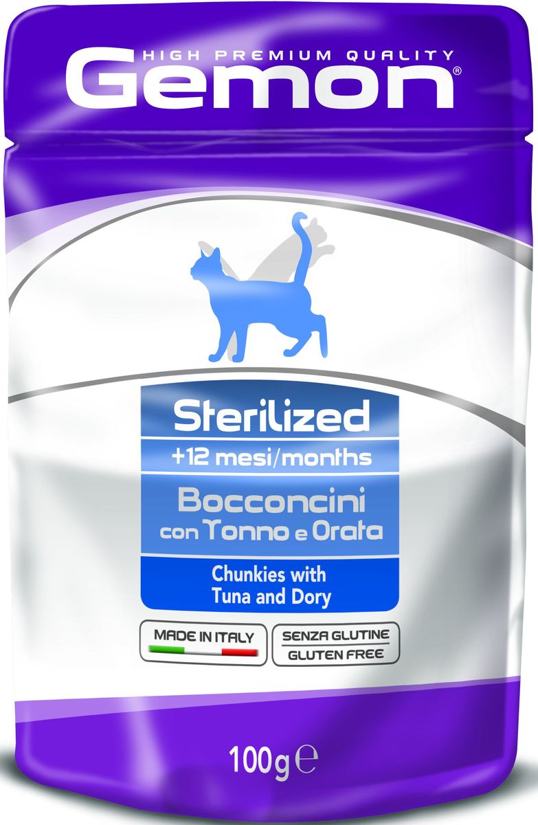 Консервы Monge Gemon Cat Pouch Sterilised, для стерилизованных кошек, кусочки тунца с рыбой дори, 100 г0120710 Консервы Monge Gemon Cat Pouch Sterilised, для стерилизованных кошек, кусочки тунца с рыбой дори, 100 г0120710Полноценный, сбалансированный консервированный корм с кусочками тунца и рыбой дори для кастрированных/стерилизованных кошек, а также для склонных к набору лишнего веса. Специально разработан для ежедневного кормления взрослых кошек с нормальной физической активностью в возрасте 1-10 лет.Сырой белок 8,5%, сырые масла и жиры 5%, сырая клетчатка 2%, сырая зола 1,9%, магний 0,03%, влажность 80%.Витамины и добавки/кг: витамин А 2500 МЕ, витамин D3 200 МЕ, витамин Е (альфа-токоферол ацетат) 5 мг, таурин 500 мг.Мясо и мясные субпродукты 30%, рыба и рыбные субпродукты 15% (из них тунца мин. 6%, дори мин. 6%), минеральные вещества.Технологические добавки: загустители и желеобразующие компоненты.Подавать корм комнатной температуры. Важно, чтобы животное всегда имело доступ к чистой, свежей воде. Кошкам средних размеров необходимо 2-3 пауча в день.
