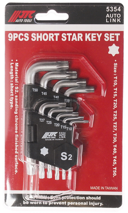 JTC Набор ключей TORX Г-образных T10-T50, 9 предметов. JTC-5354RC-100BWC JTC Набор ключей TORX Г-образных T10-T50, 9 предметов. JTC-5354RC-100BWCПластиковый держатель предназначен для удобного хранения инструмента.Набор шестигранных удлиненных ключей позволяет оптимизировать рабочий процесс и сэкономить рабочее время.В комплекте: Т10, Т15, Т20, Т25, Т27, ТЗО, Т40, Т45, Т50.Материал: S2.Размер: Тип-короткий (длина).