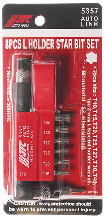 JTC Набор вставок 1/4DR, TORX T10-T40 с Г-образным держателем, 8 предметов. JTC-5357CA-3505 JTC Набор вставок 1/4DR, TORX T10-T40 с Г-образным держателем, 8 предметов. JTC-5357CA-3505Набор Бит-вставок 1/4 DR Т10, Т15, Т20, Т25, Т27, Т30, Т40 и Г-образным держателем 8 пр. JTCМатериал: Сталь S2Поверхность посеребряннаяРазмер: 30 мм