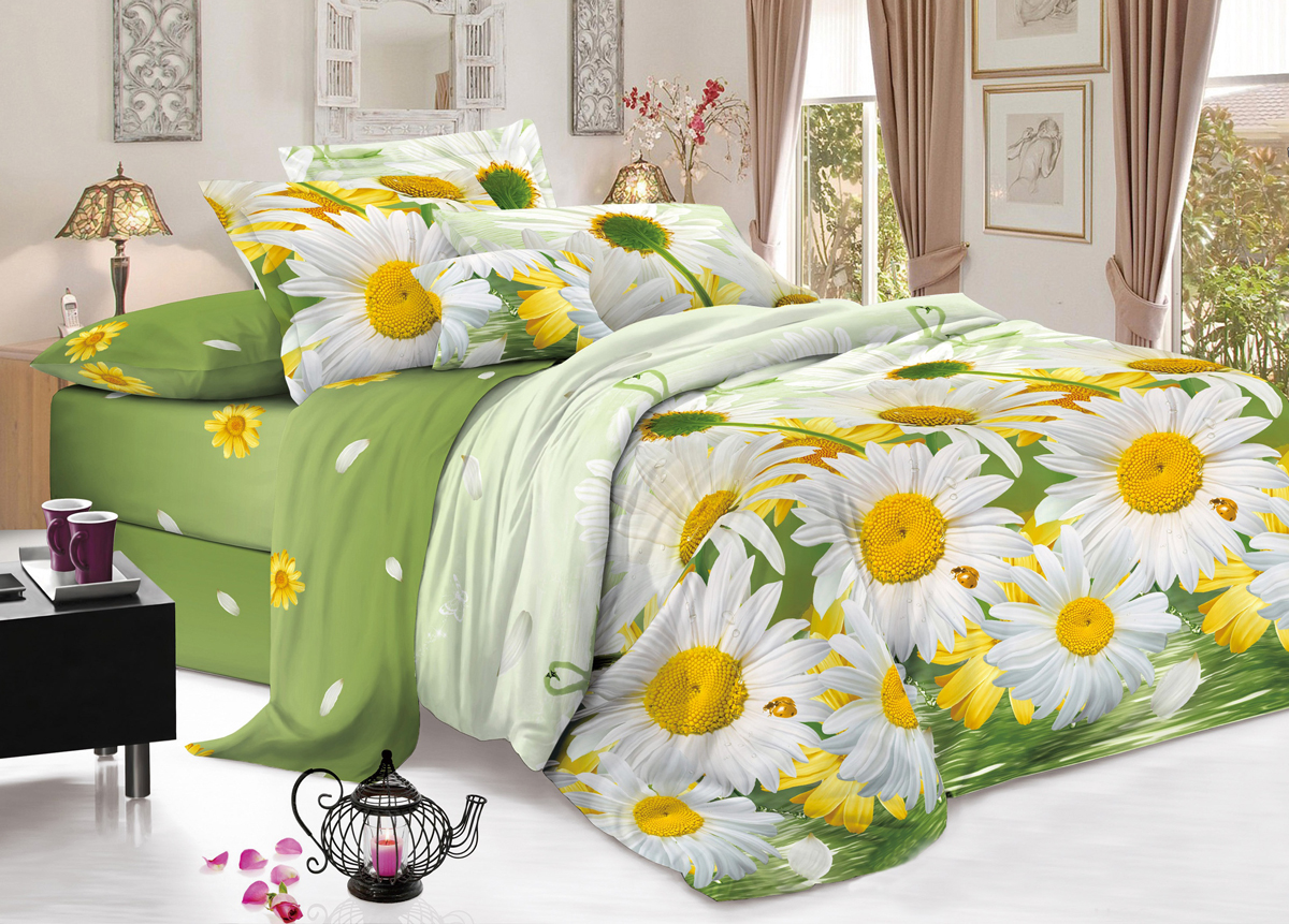 Комплект белья Flora Солнечное настроение, 2-спальный, наволочки 70х70, цвет: желтый391602 Комплект белья Flora Солнечное настроение, 2-спальный, наволочки 70х70, цвет: желтый391602Комплект постельного белья Flora производится из полисатина (100% п/э). Ткань имеет шелковистую поверхность и приятный блеск, мягкая и очень приятная на ощупь. К достоинствам также можно отнести долговечность, ткань не линяет, сохраняет яркость красок даже после многочисленных стирок, не садится. Проста в использовании: легко стирается и быстро сохнет, и при этом комплект имеет привлекательную цену. Комплектация: простыня 200х220 - 1 шт., пододеяльник 175х215 - 1 шт., наволочка 70х70 - 2 шт.