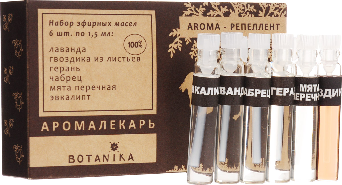 Botanika набор эфирных масел Aroma Репеллент, 6x1,5 млEF(34)-SIB Botanika набор эфирных масел Aroma Репеллент, 6x1,5 млEF(34)-SIBГвоздика из листьев. Благодаря концентрированным дозам летучих веществ, эффективно отпугивает насекомых в помещении и на открытом воздухе.Герань. Эфирное масло со стойким ароматом может использоваться точечно, для устранения моли и других вредоносных насекомых в гардеробе или небольших закрытых помещениях.Лаванда. Приятный аромат является натуральным фумигатором. Не вызывая аллергии, он защищает от назойливых насекомых, даря успокаивающий эффект ароматерапии.Мята луговая. Препятствует возникновению покраснений, зуда и отечности на участках укусов насекомых.Чабрец. Устраняет жжение и боль после укусов насекомых, препятствует возникновению аллергических реакций и зуда.Эвкалипт. Богатое фитонцидами эфирное масло отпугивает мелких насекомых (комаров, мошек, мух), а также дезинфицирует места укусов.