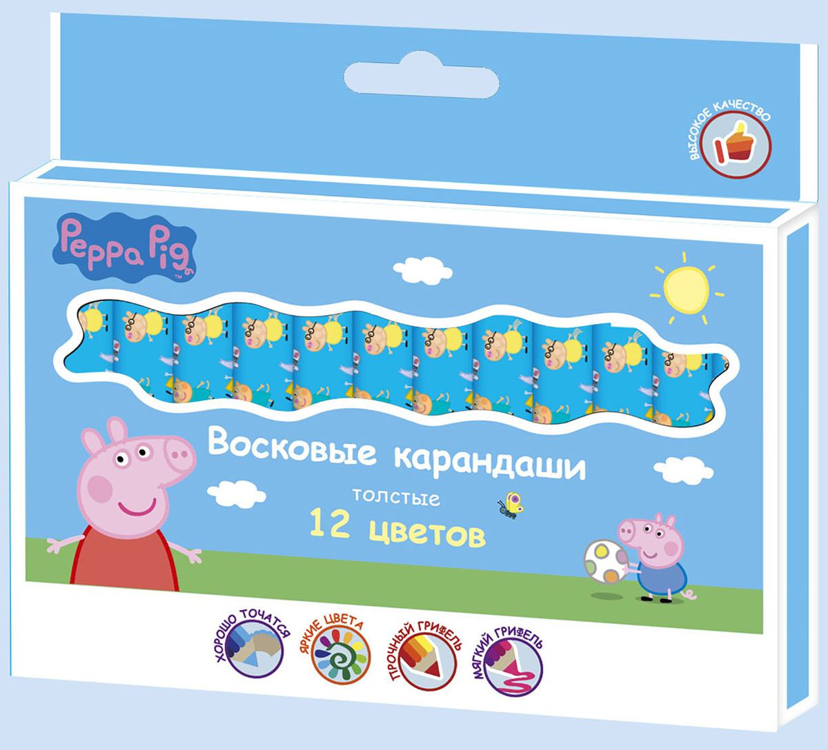 Peppa Pig Набор восковых карандашей Свинка Пеппа толстые 12 цветовFS-00897 Peppa Pig Набор восковых карандашей Свинка Пеппа толстые 12 цветовFS-00897В набор ТМ Свинка Пеппа входит 12 восковых толстых карандашей, которые благодаря своим ярким, насыщенным цветам идеально подходят для рисования, письма и раскрашивания. Удобный утолщенный корпус карандаша не даёт детской ручке уставать. Индивидуальные бумажные упаковки с ярким принтом на каждом карандаше помогают им не выскальзывать из ладошки ребенка, оставляя пальчики всегда чистыми. Карандаши мягкие и одновременно прочные, что обеспечивает им яркость линий без сильного нажима и легкое затачивание.Диаметр карандаша: 1,2 см; длина: 8 см. Состав: воск, бумага.