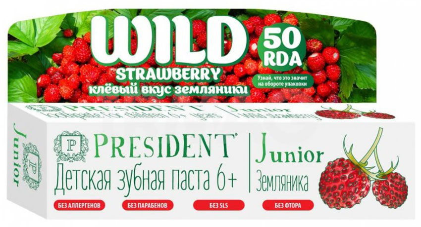 President Детская зубная паста Junior 6+ со вкусом земляники (без фтора) 50 млMP59.4D President Детская зубная паста Junior 6+ со вкусом земляники (без фтора) 50 млMP59.4DДетская зубная паста Junior 6+ с ароматом земляники обеспечивает деликатный уход за молочными и коренными зубами ребенка.Она бережно удаляет налет (RDA 50), а уникальная система биодоступного кальция укрепляет эмаль зубов. В составе есть натуральные экстракты ромашки, липы и шалфея. Они обладают антисептическими и противовоспалительными свойствами.Витамин Е способствует повышению эластичности десен и насыщает ткани кислородом. Содержание фторидов (950 ppm F) соответствует рекомендациям Всемирной Организации Здравоохранения.Товар сертифицирован.