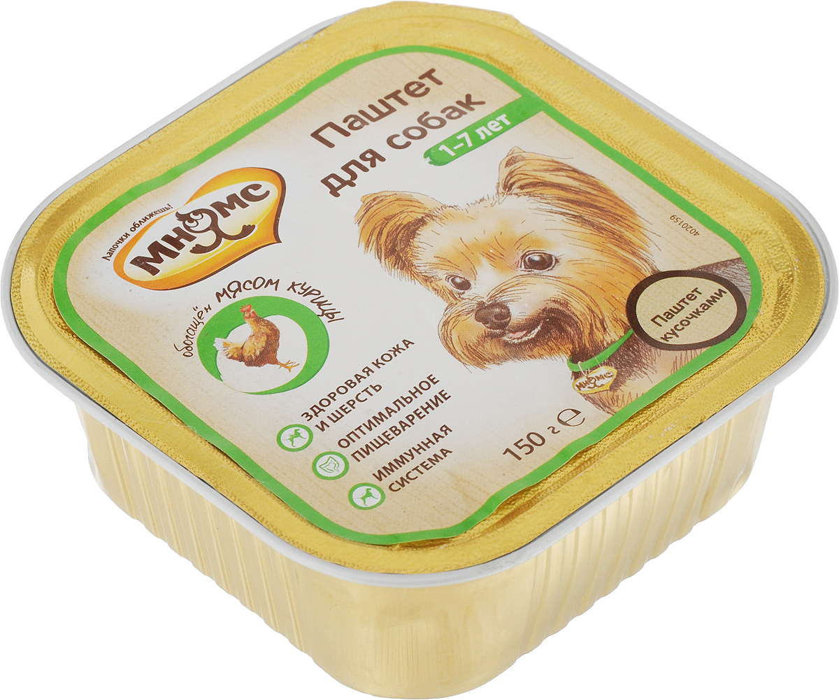Консервы для собак Мнямс, паштет с курицей, 150 г0120710 Консервы для собак Мнямс, паштет с курицей, 150 г0120710Консервы для собак Мнямс - это полноценное питание для взрослых собак в возрасте 1-7 лет. Основным компонентом корма является мясо. Кроме того, корм содержит витамин Е, умеренно ферментируемую клетчатку (пульпа сахарной свеклы), способствующую эффективному всасыванию питательных веществ, и оптимальный баланс жирных кислот омега-6 и омега-3, помогающих сохранить здоровье кожи и шерсти. Товар сертифицирован.