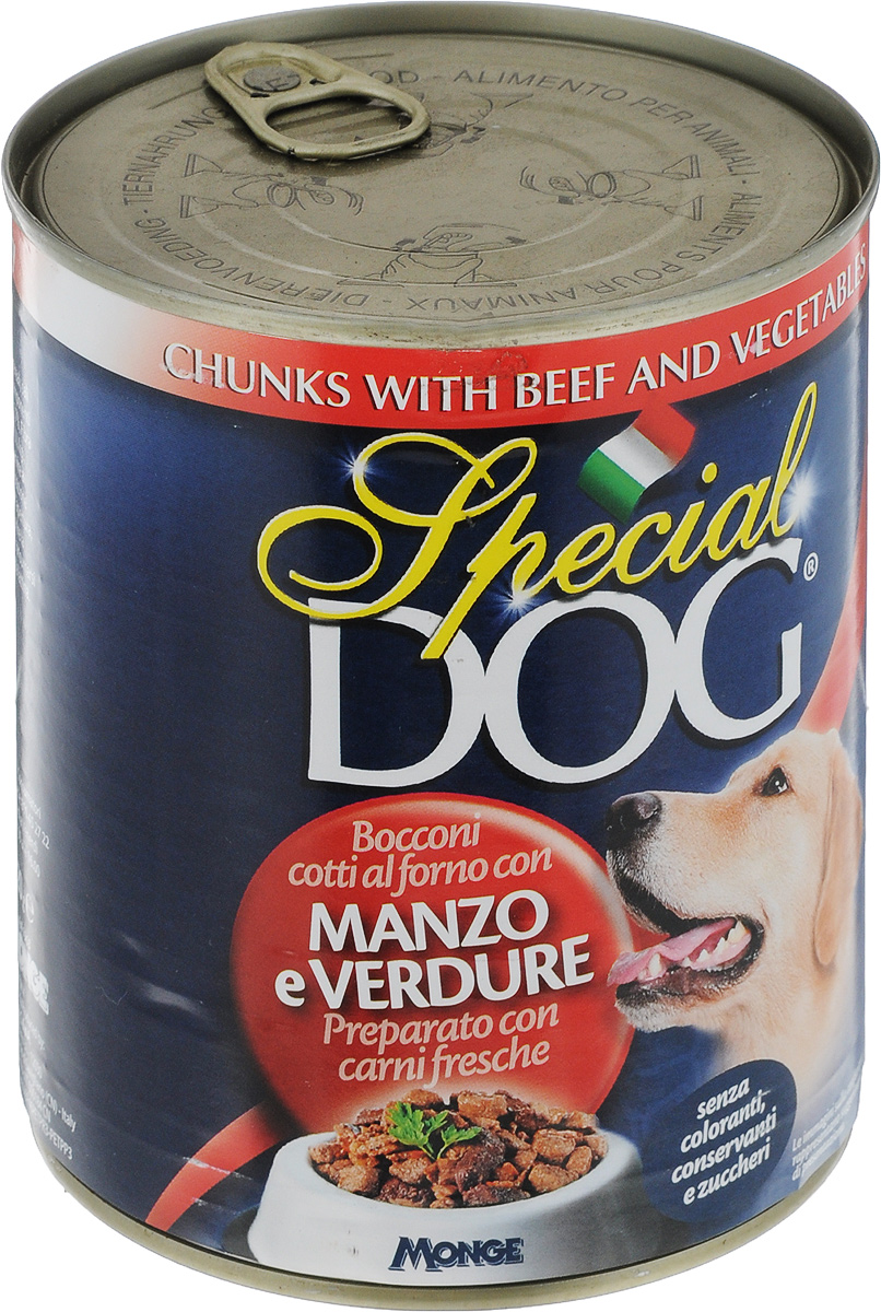 Консервы для собак Monge Special Dog, кусочки говядины с овощами, 820 г0372 Консервы для собак Monge Special Dog, кусочки говядины с овощами, 820 г0372Консервы для собак Monge Special Dog - это полнорационный консервированный корм с кусочками говядины и овощами. Специально разработан для ежедневного кормления взрослых собак всех пород с нормальной физической активностью. Продукт не содержит консервантов и красителей. Для собак среднего размера рекомендуется приблизительно 800 г продукта в день. Данная дозировка может меняться в зависимости от породы, возраста собаки и уровня ее активности. Подавать корм комнатной температуры. Важно, чтобы у животного всегда был свободный доступ к свежей и чистой воде. Товар сертифицирован.