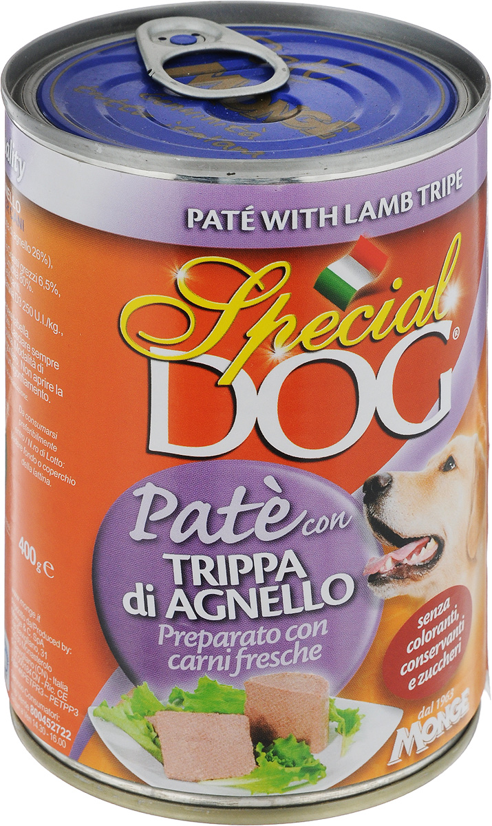 Консервы для собак Monge Special Dog, паштет с рубцом ягненка, 400 г0120710 Консервы для собак Monge Special Dog, паштет с рубцом ягненка, 400 г0120710Консервы для собак Monge Special Dog - это полнорационный консервированный корм на основе рубца ягненка. Специально разработан для ежедневного кормления взрослых собак всех пород с нормальной физической активностью. Продукт не содержит консервантов и красителей. Для собак среднего размера рекомендуется приблизительно 800 г продукта в день. Данная дозировка может меняться в зависимости от породы, возраста собаки и уровня ее активности. Подавать корм комнатной температуры. Важно, чтобы у животного всегда был свободный доступ к свежей и чистой воде. Товар сертифицирован.
