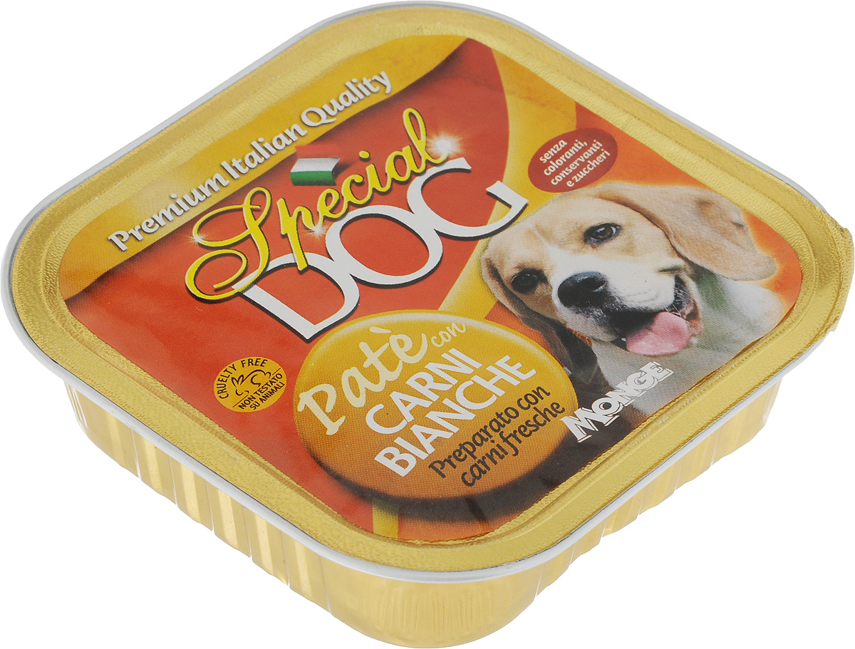 Консервы для собак Monge Special Dog, паштет с мясом домашней птицы, 150 г0370 Консервы для собак Monge Special Dog, паштет с мясом домашней птицы, 150 г0370Консервы для собак Monge Special Dog - это полнорационный консервированный корм на основе мяса домашней птицы. Специально разработан для ежедневного кормления взрослых собак всех пород с нормальной физической активностью. Для собак мелких пород рекомендуется приблизительно 400 г продукта в день. Данная дозировка может меняться в зависимости от породы, возраста собаки и уровня ее активности. Подавать корм комнатной температуры. Важно, чтобы у животного всегда был свободный доступ к свежей и чистой воде. Товар сертифицирован.