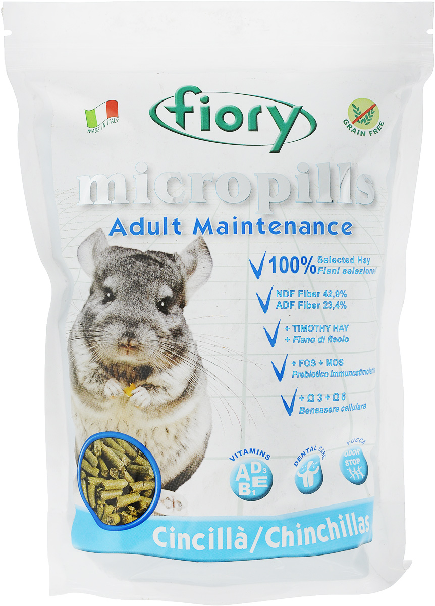 Корм сухой для шиншилл Fiory Micropills Chinchillas, 850 г6380 Корм сухой для шиншилл Fiory Micropills Chinchillas, 850 г6380Корм сухой Fiory Micropills Chinchillas - это сбалансированный повседневный корм для взрослых шиншилл. Корм содержит сено второго укоса, витамины и хелатные минералы. Не содержит зерно. Кварц в составе позволяет стачивать зубы. NDF-клетчатка 42,9%, ADF-клетчатка 23,4% и 19,5% гемицеллюлозы - это полезная клетчатка, потребляемая шиншиллами в природе.Комплекс нутрицевтиков для правильного развития: дрожжи, инулин цикория, ФОС, продукты растительного происхождения, бета-глюканы, нуклеотиды, юкка Шидигера, масло огуречника (Омега-6) и жирные кислоты (Омега-3 DHA+EPA+DPA).Корм выполнен в виде гранул одинакового размера. Исключает пищевое селективное поведение. Упаковка с замком зип-лок надолго сохранит корм свежим. Товар сертифицирован.