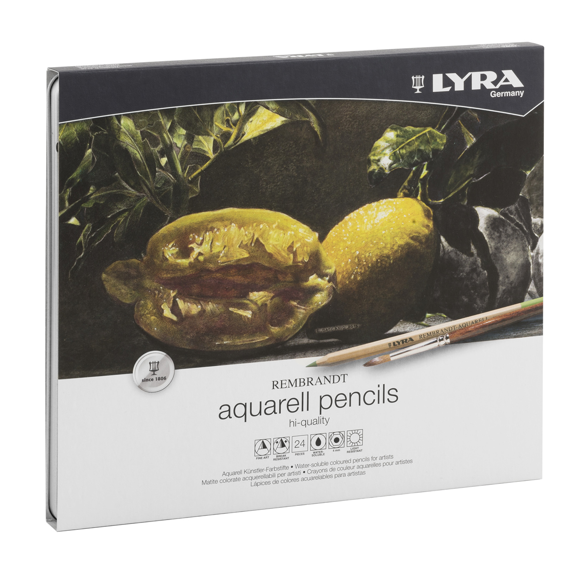 Lyra Набор художественных цветных карандашей Rembrandt Aquarell 24 штFS-00897 Lyra Набор художественных цветных карандашей Rembrandt Aquarell 24 штFS-00897Цветные акварельные карандаши Lyra Rembrandt. Aquarell прекрасно подойдут художникам и юным художникам, предпочитающим карандаши очень высокого качества.Очень яркие пигменты грифелей почти полностью растворимы в воде. Для получения контуров и затушевки нужных частей рисунка достаточно обмакнуть в воду кисточку: и c ее помощью вы сможете смешивать цвета в любых желаемых комбинациях. Игра света и тени, блеск и яркость цветов этих карандашей восхищают! Оформлены в металлическую подарочную коробку, в которой их удобно дарить, хранить и брать в дорогу.