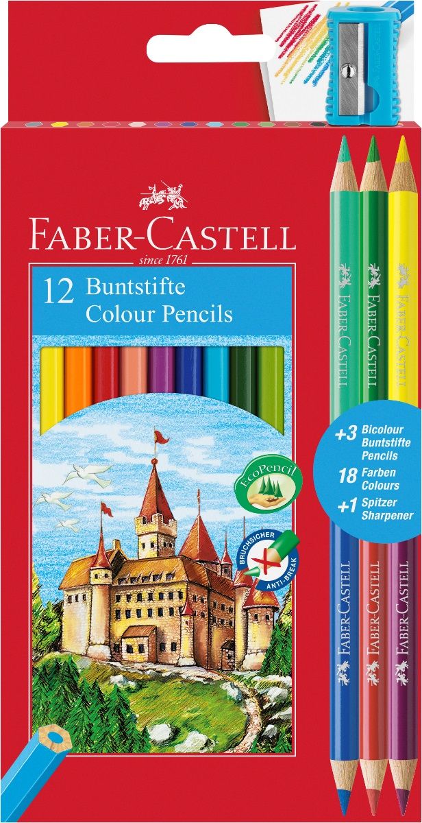 Faber-Castell Набор цветных карандашей Замок 12 цветов с точилкой + 3 двухцветных карандаша72523WD Faber-Castell Набор цветных карандашей Замок 12 цветов с точилкой + 3 двухцветных карандаша72523WD шестигранная форма грифель, размываемый водой толщина грифеля 3 мм яркие, насыщенные цвета отстирываются с большинства обычных тканей специальная технология вклеивания (SV)предотвращает поломку грифеля покрыты лаком на водной основе – бережнымпо отношению к окружающей средеи здоровью детей качественная древесина – гарантия легкогозатачивания при помощи стандартных точилок