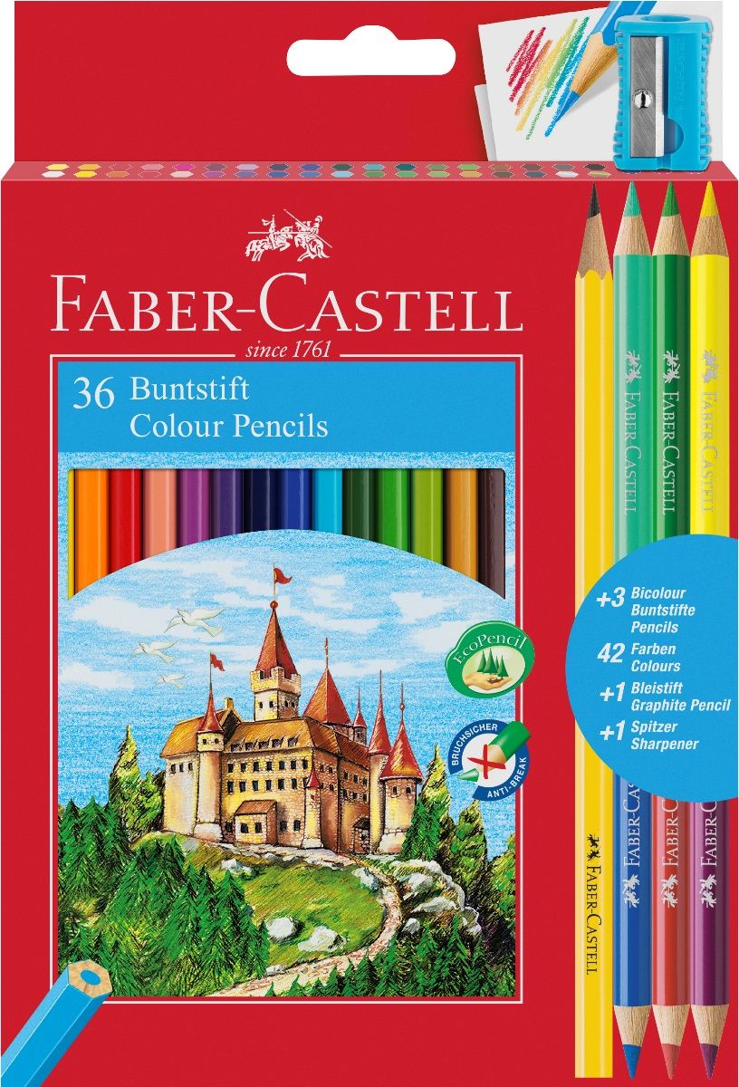 Faber-Castell Набор цветных карандашей Замок 36 цветов с точилкой + 3 двухцветных карандаша + Карандаш чернографитовыйPP-209 Faber-Castell Набор цветных карандашей Замок 36 цветов с точилкой + 3 двухцветных карандаша + Карандаш чернографитовыйPP-209 шестигранная форма грифель, размываемый водой толщина грифеля 3 мм яркие, насыщенные цвета отстирываются с большинства обычных тканей специальная технология вклеивания (SV)предотвращает поломку грифеля покрыты лаком на водной основе – бережнымпо отношению к окружающей средеи здоровью детей качественная древесина – гарантия легкогозатачивания при помощи стандартных точилок