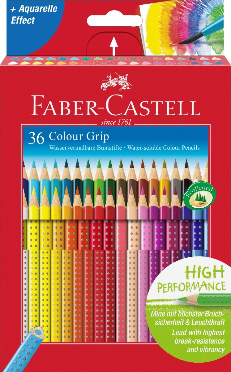 Faber-Castell Набор цветных карандашей Grip 2001 36 цветов2010440 Faber-Castell Набор цветных карандашей Grip 2001 36 цветов2010440 эргономичная трехгранная форма запатентованная Grip антискользящая зоназахвата с малыми массажными шашечками 48 ярких, насыщенных цветов толщина грифеля 3,2 мм размываемый водой грифель специальное место для имени отстирываются с большинства обычных тканей специальная технология вклеивания (SV)предотвращает поломку грифеля покрыты лаком на водной основе – бережнымпо отношению к окружающей средеи здоровью детей качественное, мягкое дерево (калифорнийскийкедр) – гарантия легкого затачивания припомощи стандартных точилок инновационная технология High Performance