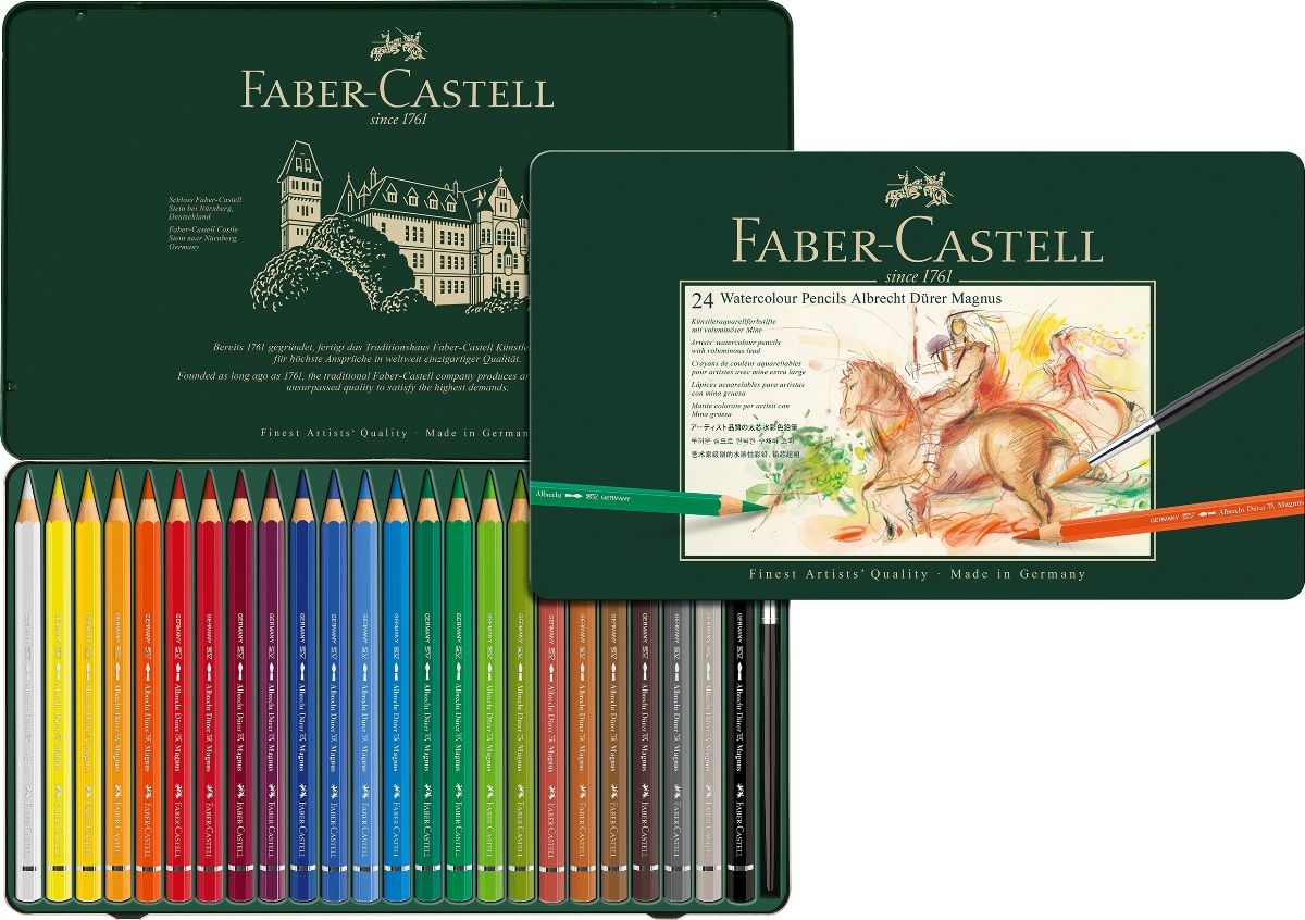 Faber-Castell Набор цветных акварельных карандашей Albrecht Durer 24 цветаC13S041944 Faber-Castell Набор цветных акварельных карандашей Albrecht Durer 24 цветаC13S041944 акварельные карандашинаивысшего качества толстый грифель толщиной 3,8 мм(5,3 мм для версии Magnus) высококачественные пигменты гарантируютустойчивость к выцветанию, выразительныйцвет