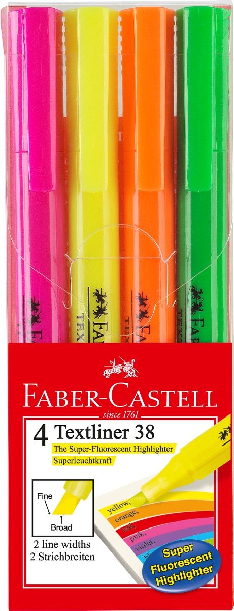 Faber-Castell Текстовыделитель 38 4 цвета0102016 Faber-Castell Текстовыделитель 38 4 цвета0102016Текстовыделитель Faber-Castell станет незаменимым предметом, как на столе школьника, так и студента.Изделие имеет привлекательный полупрозрачный дизайн. Он идеален для всех видов бумаги. Чернила на водной основе.Линия маркировки шириной 5, 2 или 1 мм.В упаковке четыре текстовыделителя.