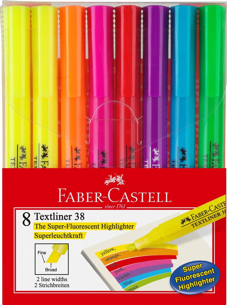 Faber-Castell Текстовыделитель 38 8 цветов72523WD Faber-Castell Текстовыделитель 38 8 цветов72523WDТекстовыделитель Faber-Castell станет незаменимым предметом, как на столе школьника, так и студента.Изделие имеет привлекательный полупрозрачный дизайн. Он идеален для всех видов бумаги. Чернила на водной основе.Линия маркировки шириной 5, 2 или 1 мм.В упаковке восемь текстовыделителей.
