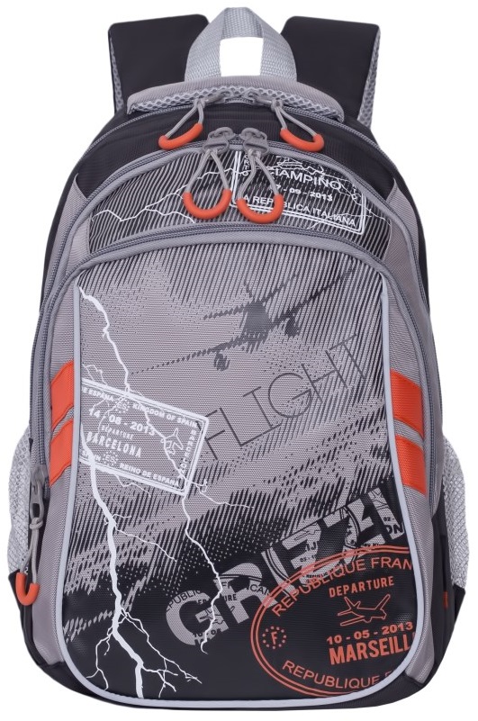 Grizzly Рюкзак цвет серый оранжевый RB-733-2/472523WD Grizzly Рюкзак цвет серый оранжевый RB-733-2/472523WDШкольный рюкзак Grizzly - это необходимый аксессуар для любого школьника. Рюкзак выполнен из плотного материала и оформлен оригинальным принтом с изображением молний спереди.Рюкзак имеет два основных отделения, закрывающихся на застежки-молнии с двумя бегунками, а также вместительный накладной карман спереди. По бокам рюкзак дополнен двумя открытыми карманами-сетками. Внутри накладного кармана спереди располагается органайзер - карман-сетка на молнии, большой накладной карман и три маленьких накладных кармашка для канцелярских принадлежностей. Внутри одного основного отделения расположен укрепленный накладной карман для планшета, дополненный прорезным карманом на молнии. Второе отделение не имеет карманов. Рюкзак оснащен удобной текстильной ручкой для переноски в руке, петлей для подвешивания и светоотражающими вставками.Спинка дополнена эргономичными воздухопроницаемыми подушечками, которые обеспечивают удобство и комфорт при носке. Мягкие анатомические лямки скругленной формы регулируются по длине.Многофункциональный школьный рюкзак станет незаменимым спутником вашего ребенка в походах за знаниями.