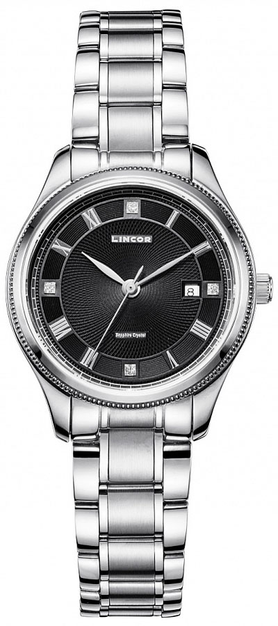 Часы наручные женские Lincor, цвет: серебристый. 1228S0B1BM8434-58AE Часы наручные женские Lincor, цвет: серебристый. 1228S0B1BM8434-58AEЭти часы женской коллекции вызывают неизменное восхищение классической красотой дизайна и уникальной философией, суть которой заключается в желании сохранить ценности, проверенные временем. Круглый корпус шириной 29 мм и элегантный браслет изготовлены из нержавеющей стали высокого качества. Утонченность корпуса дополняется элегантным черным циферблатом и стальными стрелками. Часы оснащены японским кварцевым механизмом с календарем. Срок службы элемента питания 2 года. Задняя крышка изготовлена из высокотехнологичной нержавеющей стали. Сапфировое стекло обеспечивает устойчивость к царапинам. Браслет фиксирует на запястье элегантная застежка - признак комфорта и надежности. В результате получилась модель, сочетающая повседневное удобство и вневременную элегантность.
