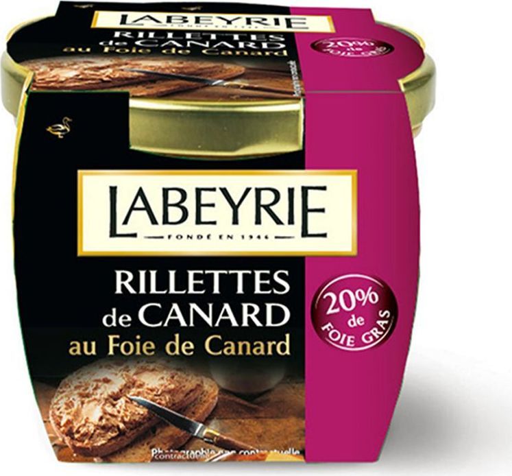 LaBeyrie Рийет паштет утиный с утиной печенью 20% фуа-гра, 170 г0120710 LaBeyrie Рийет паштет утиный с утиной печенью 20% фуа-гра, 170 г0120710Новый продукт в линейке традиционных французских продуктов из мяса птицы дополнился пикантным рийетом из утки. По своей структуре рийет нежнее, чем террин, а мясо утки придает ему дерзкую ноту во вкусе.