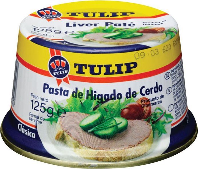 Tulip Паштет печеночный, 125 г0120710 Tulip Паштет печеночный, 125 г0120710Печеночные паштеты в жести удобны для любого случая, они хороши во время завтрака, на пикнике или на праздничном столе. Имеют удобную легко открывающуюся крышку с язычком. Благодаря своей конической форме она хорошо запоминается покупателям и позволяет сэкономить место на прилавке супермаркета. Паштеты приготовлены из отборной свиной печени, имеют нежную консистенцию. Все виды печеночных паштетов упаковываются в банки с легко открывающимися крышками. Внутренняя часть банки покрывается специальным защитным составом, так называемым пищевым лаком, благодаря которому мясо не соприкасается с металлом, а продукт после вскрытия баночки имеет свежий и натуральный вкус, а не запах жестянки.
