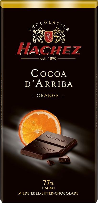 Hachez шоколадная плитка со вкусом апельсина 77%, 100 г0120710 Hachez шоколадная плитка со вкусом апельсина 77%, 100 г0120710Шоколадная плитка со вкусом апельсина 77%. Терпкий и нежный вкус шоколада с содержанием какао 77%, намного нежнее по сравнению с другими плитками-представителями сегмента горького шоколада, с добавление компонентов - кусочки апельсина и насыщенный аромат цитрусовых.