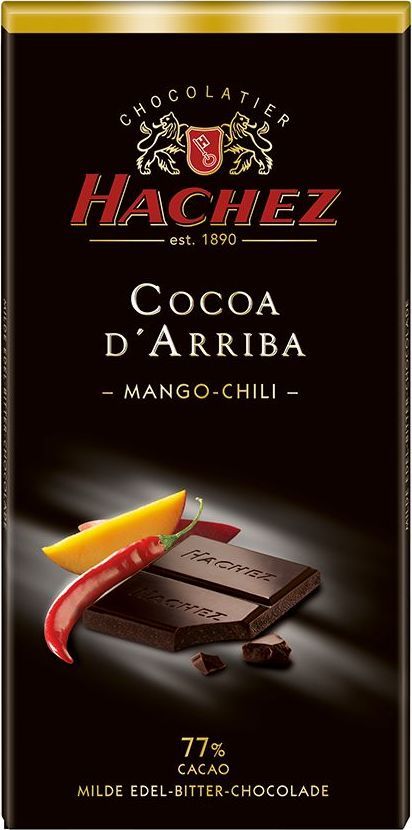 Hachez шоколадная плитка с манго и вкусом перца чили 77%, 100 г0120710 Hachez шоколадная плитка с манго и вкусом перца чили 77%, 100 г0120710Шоколадная плитка с манго и вкусом перца чили 77% - терпкий и нежный вкус шоколада с содержанием какао 77%, намного нежнее по сравнению с другими плитками-представителями сегмента горького шоколада, с добавлением компонентов - кусочки манго и перца чили.