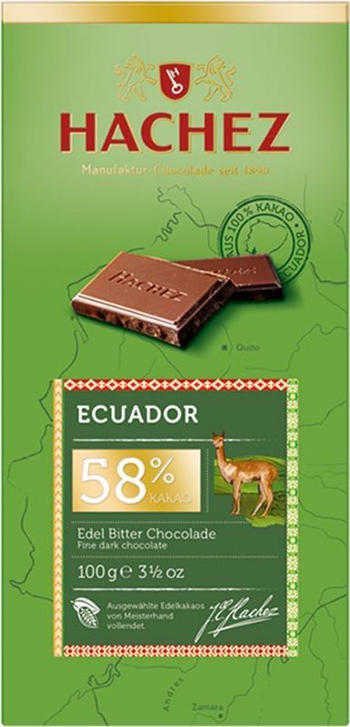 Hachez шоколадная плитка из какао сорта Эквадор 58%, 100 г0120710 Hachez шоколадная плитка из какао сорта Эквадор 58%, 100 г0120710Шоколадная плитка из какао сорта Эквадор, 58% - коллекция премиального шоколада, созданного из уникального сорта какао бобов. Белки - 6 г, углеводы - 44 г, жиры - 41 г.