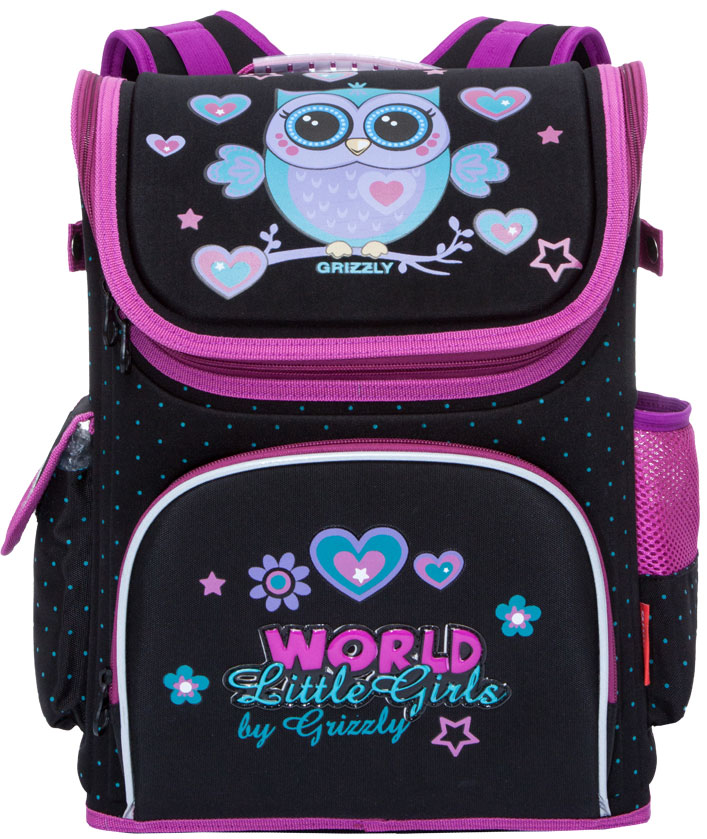 Grizzly Ранец школьный World Little Girls цвет черный сиреневый72523WD Grizzly Ранец школьный World Little Girls цвет черный сиреневый72523WDКорпус и спинка школьного ранца Grizzly World Little Girls выполнены из легкого, водонепроницаемого и устойчивого к деформации материала, благодаря чему ранец держит форму и способствует равномерному распределению нагрузки на плечи и спину.Ранец-трансформер имеет одно вместительное отделение на застежке-молнии. Внутри отделения находятся два открытых кармана и один карман с сеткой. По бокам ранца располагаются, один карман с сеткой и карман на липучке. На лицевой части ранца находится один накладной вместительный карман на молнии. Плечевые лямки анатомической формы с регулируемой длиной обеспечивают комфортную посадку ранца и свободу движений при ношении.Светоотражающие элементы, расположенные по всем сторонам ранца, гарантируют видимость во дворе и на улице в темное время суток. Ранец оснащен удобной ручкой для переноски.Ранец декорирован брелоком-куколкой.