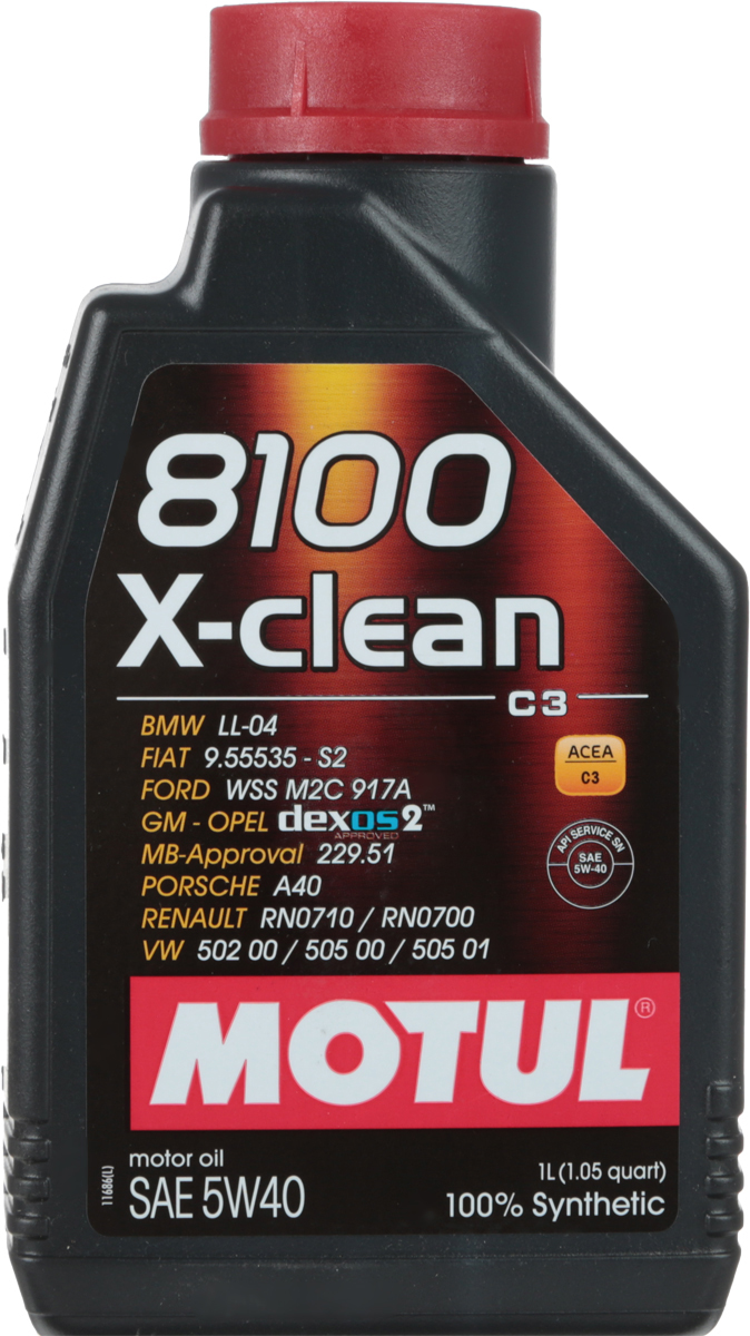 Масло моторное Motul 8100 X-Clean, синтетическое, 5W-40, 1 лкн12-60авц Масло моторное Motul 8100 X-Clean, синтетическое, 5W-40, 1 лкн12-60авцМоторное масло для бензиновых и дизельных двигателей стандарта Евро IV и Евро V. 100% синтетическое. Высокотехнологичное 100% синтетическое моторное масло одобренное многими производителями техники. Специально разработано для бензиновых и дизельных двигателей автомобилей последнего поколения оснащенных турбо-наддувом и непосредственным впрыском, двигателей отвечающих требованиям норм Евро IV и Евро V и требующих использования в них масла стандарта ACEA C3: масла с высокой вязкостью HTHS (более 3.5 mPa/s), сниженным содержанием сульфатной золы (0,8%), фосфора (0.07%-0.09%), серы (0.3%) - Mid SAPS. Совместимо с каталитическими конверторами и сажевыми фильтрами (DPF). Перед применением необходимо ознакомиться с руководством по эксплуатации автомобиля. ACEA Стандарты: ACEA C3API Стандарты: API SNОдобрения: BMW LL-04; FORD WSS M2C 917A; MB-Approval 229.51; VW 502 00 / 505 00 / 505 01; PORSCHE A40; Renault RN0710 / 0700; GM-OPEL dexos2 - License number: GB2B0325011