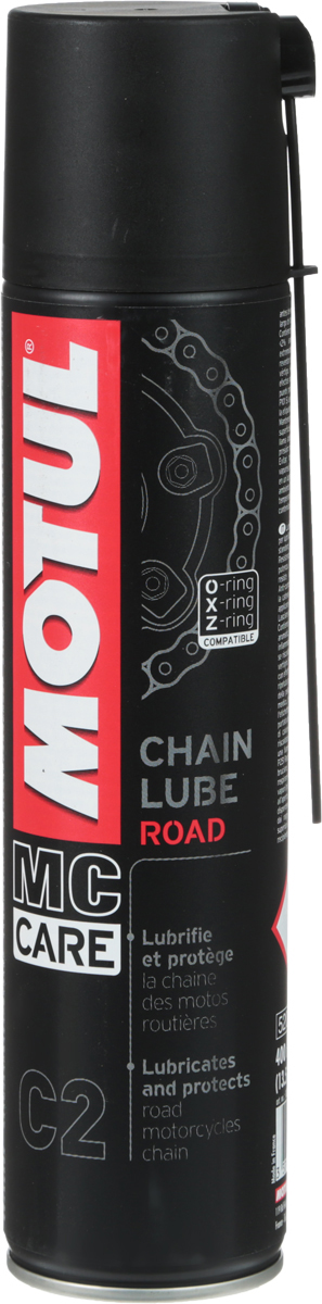 Смазка цепи Motul С2 Chain Lube Road, 400 мл790009 Смазка цепи Motul С2 Chain Lube Road, 400 мл790009Все типы цепей: для стандартных и кольцеобразных втулок O-Ring, X-Ring, Z-Ring. Дорожный мотоцикл и картинг. Специально рекомендован для скоростных мотоциклов: Motul Chain Lube Road остается на цепи даже на очень большой скорости.
