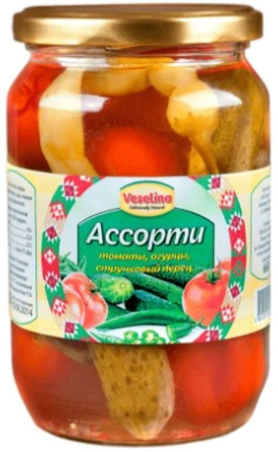 Veselina ассорти томаты огурцы стручковый перец, 680 г0120710 Veselina ассорти томаты огурцы стручковый перец, 680 г0120710Ассорти Веселина - это отличная комбинация трех вкусных и любимых овощей на вашем столе. А польза очевидна, так как:калий, полезный нашему сердцу, содержится в количестве 237 мг всего в одном помидоре, огурцы богаты сложными органическими веществами, которые играют важную роль в обмене веществ, стручковый перчик снабжает наш организм витаминами Е, А, С и микроэлементами, и помогает нам бороться с лишним весом.Ассорти Веселина - незаменимая закуска по любому поводу. Быстро и вкусно разнообразит ваше меню. Традиционные консервы.