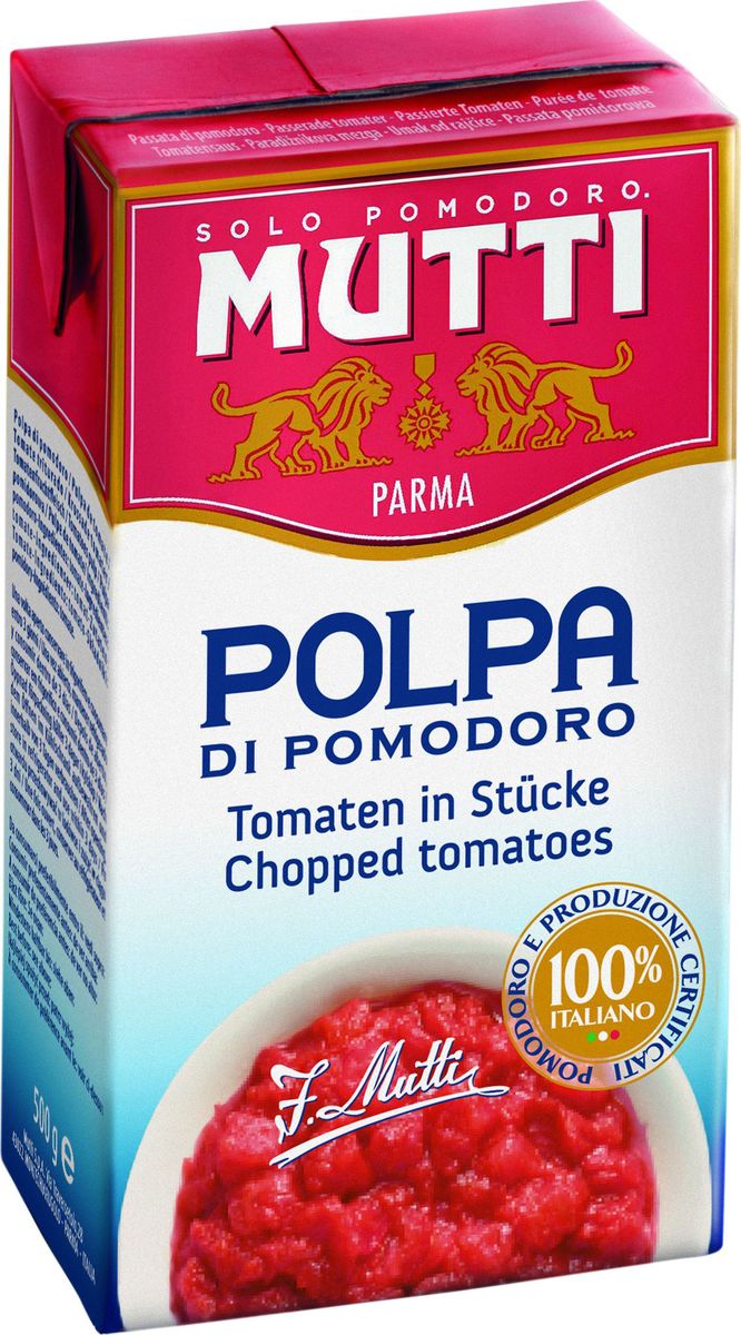 Mutti Томаты резаные кубиками в томатном соке, 500 г0120710 Mutti Томаты резаные кубиками в томатном соке, 500 г0120710Томаты резаные кубиками в томатном соке Мутти изготавливаются без использования добавок и консервантов, что позволяет продукту сохранять оригинальные органолептические качества. Высокая однородность продукта позволяет ему равномерно смешиваться с блюдом и подчеркнуть вкус основного блюда. Томаты Polpa используются как для приготовления горячих блюд, так и в сыром виде. Идеально сочетается с макаронными изделиями, благодаря насыщенному вкусу, Polpa идеально подходит для приготовления блюд в духовке. История компании Мутти началась в 1899 году, в регионе Эмилия Романья, которая с давних времен славится своей изысканной кухней.Компания Мутти – производитель, прошедший путь от небольшой сельскохозяйственной фабрики до крупного производителя с мировым именем благодаря высшему качеству продукции и любви к своему делу.Превознести томат до самых его вершин… - в этой фразе раскрывается суть компании Мутти, поэтому сегодня, также как и в прошлом, с той же страстью и вниманием семья Мутти производит высококачественную продукцию, разрабатывая новые рецепты и совершенствуя вкус томатов. Семьей Мутти придумана томатная паста в тюбиках, томатный уксус, первыми были выпущены на рынок резанные кубиками томаты (polpa), секрет производства которых держится в строжайшей тайне.Компания Мутти стала первой среди производителей выпускать всю продукцию под знаком интегрированная и сертифицированная продукция.Pomodorino dOro - приз за лучший урожай. Ежегодно 200 крестьян соревнуются в качестве помидоров.