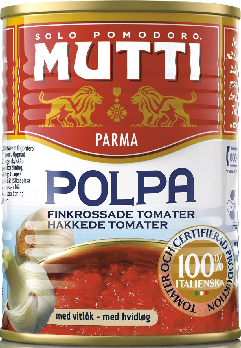 Mutti Томаты резаные кубиками в томатном соке с чесноком, 400 г0120710 Mutti Томаты резаные кубиками в томатном соке с чесноком, 400 г0120710Томаты резаные кубиками в томатном соке с чесноком Мутти изготавливаются без использования добавок и консервантов, что позволяет продукту сохранять оригинальные органолептические качества. Высокая однородность продукта позволяет ему равномерно смешиваться с блюдом и подчеркнуть вкус основного блюда. Томаты Polpa используются как для приготовления горячих блюд, так и в сыром виде. Идеально сочетается с макаронными изделиями, благодаря насыщенному вкусу, Polpa идеально подходит для приготовления блюд в духовке. История компании Мутти началась в 1899 году, в регионе Эмилия Романья, которая с давних времен славится своей изысканной кухней.Компания Мутти – производитель, прошедший путь от небольшой сельскохозяйственной фабрики до крупного производителя с мировым именем благодаря высшему качеству продукции и любви к своему делу.Превознести томат до самых его вершин… - в этой фразе раскрывается суть компании Мутти, поэтому сегодня, также как и в прошлом, с той же страстью и вниманием семья Мутти производит высококачественную продукцию, разрабатывая новые рецепты и совершенствуя вкус томатов. Семьей Мутти придумана томатная паста в тюбиках, томатный уксус, первыми были выпущены на рынок резанные кубиками томаты (polpa), секрет производства которых держится в строжайшей тайне.Компания Мутти стала первой среди производителей выпускать всю продукцию под знаком интегрированная и сертифицированная продукция.Pomodorino dOro - приз за лучший урожай. Ежегодно 200 крестьян соревнуются в качестве помидоров.