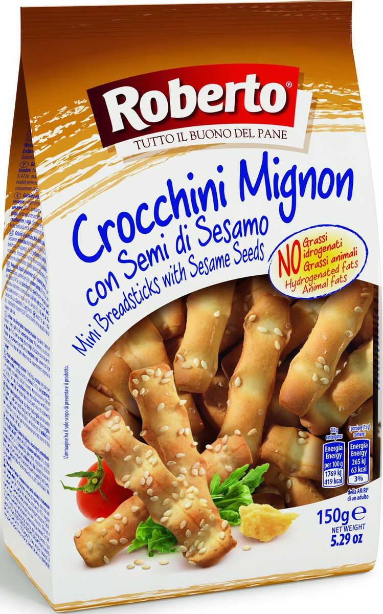 Roberto Гриссини Кроккини хлебные палочки миньон с кунжутом, 150 г0120710 Roberto Гриссини Кроккини хлебные палочки миньон с кунжутом, 150 г0120710Палочки Хлебные Гриссини Кроккини миньон с кунжутом Roberto великолепны в качестве перекуса, идеальное дополнение к блюдам и напиткам. Достойная альтернатива свежему хлебу. Компания Roberto Alimentare S.r.l. основана в 1962 году. Сочетание традиций качественного производства хлеба с самыми современными технологиями и потребностями рынка и безграничная любовь к своему делу принесли компании Roberto Srl известность и популярность во многих странах мира. Сегодня компания Roberto Alimentare s.r.l. - признанный лидер в Италии в сегменте производства хлебобулочных изделий с долей рынка по некоторым группам товаров более 30%. Компания Roberto стремится обеспечить высокий уровень механизации и автоматизации технологических процессов производства хлеба, внедрение новых технологий и постоянное расширение ассортимента хлебобулочных изделий.