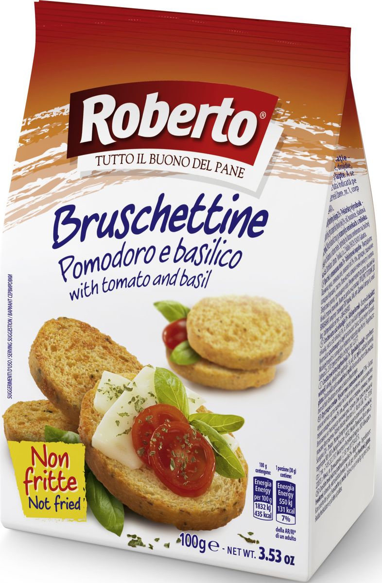 Roberto Брускеттине хлебцы хрустящие со вкусом томатов и базилика, 100 г0120710 Roberto Брускеттине хлебцы хрустящие со вкусом томатов и базилика, 100 г0120710Хрустящие хлебцы Брускеттине со вкусом томатов и базилика Roberto идеальны в качестве самостоятельной закуски, для добавления в салаты, супы, для приготовления итальянской закуски - брускетты. Компания Roberto Alimentare S.r.l. основана в 1962 году. Сочетание традиций качественного производства хлеба с самыми современными технологиями и потребностями рынка и безграничная любовь к своему делу принесли компании Roberto Srl известность и популярность во многих странах мира. Сегодня компания Roberto Alimentare s.r.l. - признанный лидер в Италии в сегменте производства хлебобулочных изделий с долей рынка по некоторым группам товаров более 30%. Компания Roberto стремится обеспечить высокий уровень механизации и автоматизации технологических процессов производства хлеба, внедрение новых технологий и постоянное расширение ассортимента хлебобулочных изделий.