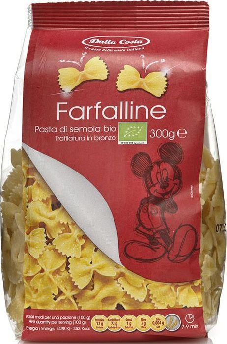 Dalla Costa Disney Фигурные Микки Маус Фарфаллине Био, 300 г0120710 Dalla Costa Disney Фигурные Микки Маус Фарфаллине Био, 300 г0120710Макаронные изделия фигурные без добавления яиц Disney Микки Маус Фарфаллине Био - маленькие бабочки, идеально сочетаются с яркими овощными соусами, в основе которых – томаты и великолепный ингредиент для салата с тунцом - холодный паста-салат с тунцом и овощами – яркое, красочное, очень вкусное блюдо. Изготовлены на 100% из натуральных ингредиентов с соблюдением современных технологий, позволяющих сохранить полезные свойства исходного природного сырья.Варить в кипящей воде 7-9 минут. Семья Далла Коста бережно хранит традиции производства итальянской пасты, эдакий любовный союз, который призван удовлетворять вкусам ценителей в разных уголках света. Для того чтобы расширить ассортимент и донести ценность превосходного продукта до потребителя, Dalla Costa запустила линии трехцветной и ароматизированной пасты, в секторе производства которых компания является лидером на сегодняшний день. Постоянное стремление к более высокому качеству находит отражение в новых вкусах, богатом ассортименте, разнообразии форматов и создании новых продуктов. Компания стремится к лидерству на национальном и международном уровнях в секторе производства особой, ароматизированной и трехцветной пасты, продолжая отличаться высоким качеством продукции, широтой ее гаммы и гибкостью в возможности отвечать требованиям различных рынков.