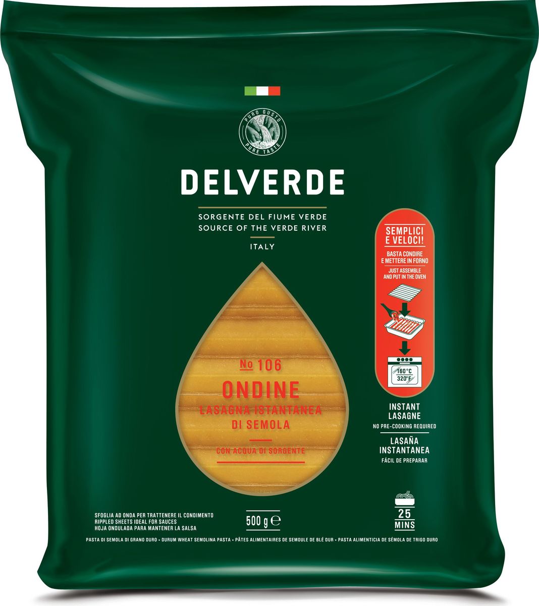 Delverde № 106 паста Ондине, 500 г0120710 Delverde № 106 паста Ондине, 500 г0120710Лазанья отлично сочетается с рагу по-неаполитански с сыром рикотта или с соусом из дичи.Рекомендуемый способ приготовления - запекание в духовке, с различным составом начинки и соусом Бешамель. Этот способ настолько признан по всей Италии, что принял название формы этой пасты. Способ приготовления: Продукт предварительно отварен, готов для приготовления лазаньи. Перед запеканием поместить в горячую воду на несколько минут. После чего поместите первый лист в форму и нанесите желаемую начинку. Вторую пластину положите перпендикулярно первой, так чтобы волны пересеклись под углом 90 градусов. Продолжайте накладывать друг на друга пластины почти до полного заполнения формы. В конце добавьте немного бульона или воды из-под пасты, чтобы добавить блюду влажности в процессе приготовления. Закройте форму фольгой и выпекайте в духовке в течение 25 минут при температуре 160°C. За 10 минут до окончания выпекания удалите слой фольги, чтобы верхний слой стал золотистым.