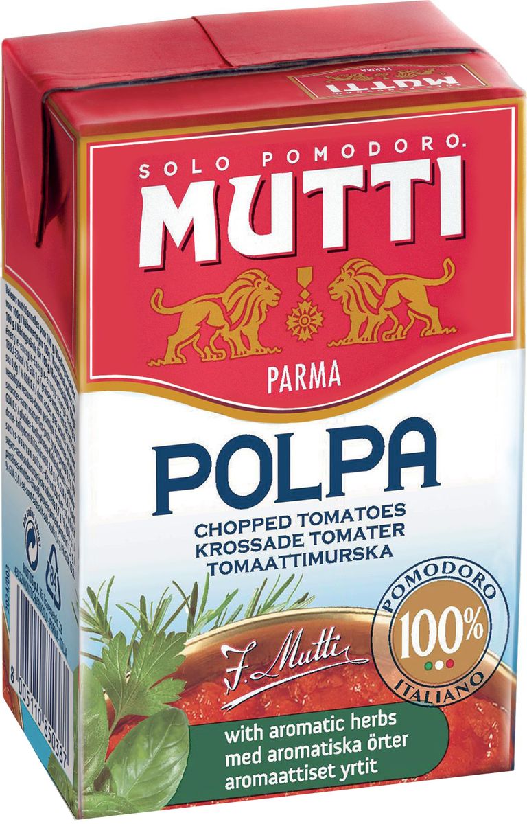 Mutti Томаты резаные кубиками с пряными травами, 390 г0120710 Mutti Томаты резаные кубиками с пряными травами, 390 г0120710Томаты резаные кубиками с пряными травами Мутти изготавливаются без использования добавок и консервантов, что позволяет продукту сохранять оригинальные органолептические качества. Высокая однородность продукта позволяет ему равномерно смешиваться с блюдом и подчеркнуть вкус основного блюда. Томаты Polpa используются как для приготовления горячих блюд, так и в сыром виде. Идеально сочетается с макаронными изделиями, благодаря насыщенному вкусу, Polpa идеально подходит для приготовления блюд в духовке. История компании Мутти началась в 1899 году, в регионе Эмилия Романья, которая с давних времен славится своей изысканной кухней.Компания Мутти – производитель, прошедший путь от небольшой сельскохозяйственной фабрики до крупного производителя с мировым именем благодаря высшему качеству продукции и любви к своему делу.Превознести томат до самых его вершин… - в этой фразе раскрывается суть компании Мутти, поэтому сегодня, также как и в прошлом, с той же страстью и вниманием семья Мутти производит высококачественную продукцию, разрабатывая новые рецепты и совершенствуя вкус томатов. Семьей Мутти придумана томатная паста в тюбиках, томатный уксус, первыми были выпущены на рынок резанные кубиками томаты (polpa), секрет производства которых держится в строжайшей тайне.Компания Мутти стала первой среди производителей выпускать всю продукцию под знаком интегрированная и сертифицированная продукция.Pomodorino dOro - приз за лучший урожай. Ежегодно 200 крестьян соревнуются в качестве помидоров.