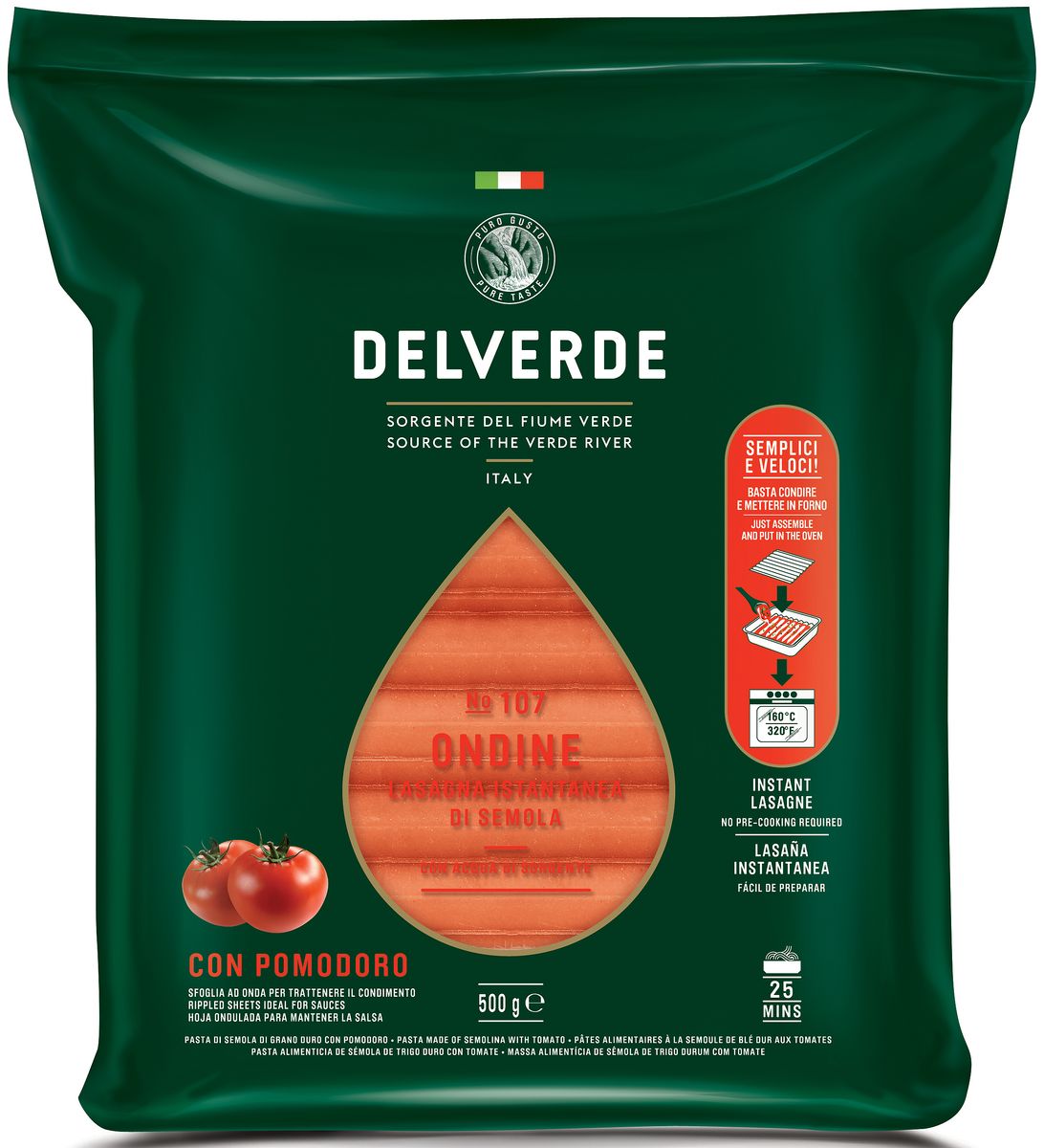 Delverde № 107 паста Ондине с томатом, 500 г0120710 Delverde № 107 паста Ондине с томатом, 500 г0120710Лазанья отлично сочетается с рагу по-неаполитански с сыром рикотта или с соусом из дичи. Рекомендуемый способ приготовления, запекание в духовке, с различным составом начинки и соусом Бешамель. Этот способ настолько признан по всей Италии, что принял название формы этой пасты. Способ приготовления: Продукт предварительно отварен, готов для приготовления лазаньи. Перед запеканием поместить в горячую воду на несколько минут. После чего поместите первый лист в форму и нанесите желаемую начинку. Вторую пластину положите перпендикулярно первой, так чтобы волны пересеклись под углом 90°. Продолжайте накладывать друг на друга пластины почти до полного заполнения формы. В конце добавьте немного бульона или воды из-под пасты, чтобы добавить блюду влажности в процессе приготовления. Закройте форму фольгой и выпекайте в духовке в течение 25 минут при температуре 160°C. За 10 минут до окончания выпекания удалите слой фольги, чтобы верхний слой стал золотистым. О производителе: Компания Delverde Industrie Alimentari S.p.a начала свою историю в середине XX века в Фаре, доведя до совершенства искусство традиционного производство пасты. Традиция изготовления пасты в историческом поселении Фара Сан Мартино известна по всему миру с XVII века: именно здесь производители впервые научились искусству смешивать зерна пшеницы с чистейшей водой реки Верде. Фара Сан Мартино до сих пор славится как одна из мировых столиц пасты. С самого начала миссией компании было производить и предлагать миру высококачественные продукты из высококачественных ингредиентов. Компания Delverde до сих пор работает в соответствии с наилучшими итальянскими гастрономическими и промышленными традициями. Для приготовления пасты Delverde используются только отборные, отлично сочетающиеся друг с другом ингредиенты: чистейшая вода из реки Верде и зерна самой качественной твердой пшеницы.Варить в кипящей подсоленной воде 10 минут.