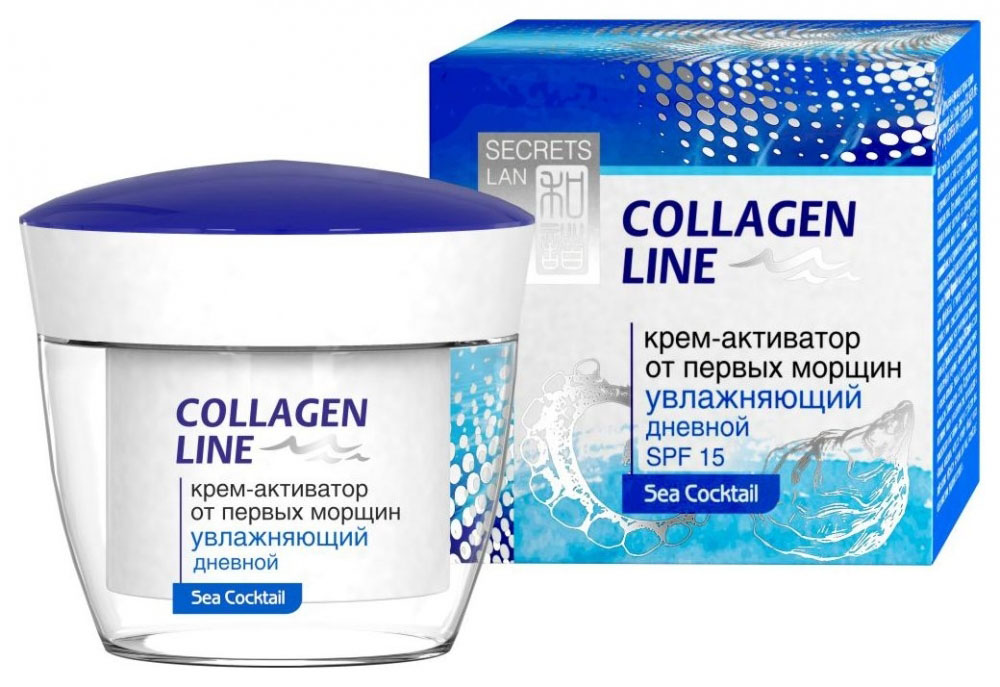 Секреты Лан Collagen Line Крем-активатор дневной для лица от первых морщин Морской коктейль, 50 г208-34-0991 Секреты Лан Collagen Line Крем-активатор дневной для лица от первых морщин Морской коктейль, 50 г208-34-0991Крем-активатор дневной для лица от первых морщин Морской коктейль способствует разглаживанию морщин и повышает эластичность кожи. Благодаря комплексу полиненасыщенных жирных кислот (витамин F) в сочетании с витамином Е кожа лучше удерживает влагу и восстанавливает тургор, становится менее уязвимой для повреждающего действия свободных радикалов. Palmitoyl oligopeptide воздействует на активные клетки дермы (фибробласты) и стимулирует их активность, повышая способность кожи к самовосстановлению и выработке коллагена. Аргановое масло тормозит естественные процессы старения клеток, делает кожу бархатистой и нежной. Формула SPA Complex на основе водорослей фукус пузырчатый, ламинария пальчаторассеченная и японская ламинария буквально возрождает кожу благодаря уникальному биохимическому составу. Водоросли насыщены витаминами, макро- и микроэлементами, полисахаридами и аминокислотами в соотношениях, адекватных потребностям кожи. Активные компоненты морского коктейля обладают легким лифтинговым эффектом, улучшают цвет лица, способствуют увлажнению кожи, продлевая ее молодость. Благодаря легкой текстуре быстро впитывается, не оставляя жирного блеска и ощущения липкости. Является идеальной основой под макияж. Содержит солнцезащитные фильтры, предохраняющие от вредного воздействия ультрафиолета.