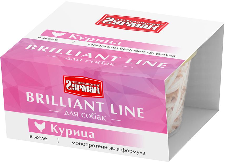 Консервы для собак Четвероногий гурман Brilliant Line, курица в желе, 100 г0120710 Консервы для собак Четвероногий гурман Brilliant Line, курица в желе, 100 г0120710Нежное филе курицы превосходно сочетается с ароматным желе в корме для собак Brilliant line. Специальная структура мяса в виде тонких волокон придётся по вкусу самым привередливым питомцам. Корм выпускается в небольшой прозрачной баночке.Состав: филе куриной грудки, желе, животный белок, масло растительное, рыбий жир.