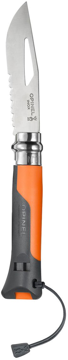 Нож Opinel Outdoor n°8 нержавеющая сталь,рукоять оранжевая 0015776900000431856 Нож Opinel Outdoor n°8 нержавеющая сталь,рукоять оранжевая 0015776900000431856Нож Opinel Outdoor n°8 с лезвием из нержавеющей стали. Нож серии Outdoor идеален для походов, альпинизма, спелеотуризма, парапланеризма, парусного спорта. Клинок из модифицированной нержавеющей стали Sandvik 12C27, сверхжесткий и острый, с серрейтором (3,5 см) для резки тросов и ключом для такелажных скоб. Рукоятка выполнена из материалов устойчивых к экстремальным температурам (от -40°С до +80°С) и ударам. На рукоятке спасательный свисток, который работает в любую погоду (+110 дБ). Нержавеющая сталь не требует ухода, но ее сложнее заточить до нужной остроты. Viroblock - оригинальное запорное устройство, представляющее собой кольцо с прорезью, которое, будучи повернуто относительно оси ножа, упирается в пятку клинка и не дает ножу самопроизвольно складываться при работе или раскладываться в кармане. Конструкция эта защищена патентом и устанавливается на ножи Opinel с 1955 года, начиная с модели n°6.Характеристики ножа:Материал лезвия: сталь Sandvik 12C27Материал рукояти: пластик, два цвета оранжевый и серыйТип ножевого замка: ViroblockПриспособление для открытия клинка: насечка на лезвииДлина лезвия, см: 8,5Длина ножа, см: 19Ширина лезвия, см: 2Длина в сложенном положении, см: 11Вес, г: 62Вес ножа с упаковкой, 115