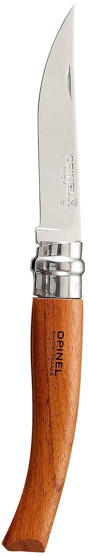 Нож Opinel филейный n°8 нержавеющая сталь 00001515 Нож Opinel филейный n°8 нержавеющая сталь 00001515Нож филейный Opinel n°8 с лезвием из нержавеющей стали. Узкое тонкое лезвие позволяет легко нарезать куски мяса, птицы или рыбы. Нержавеющая сталь не требует ухода, но ее сложнее заточить до нужной остроты. Viroblock - оригинальное запорное устройство, представляющее собой кольцо с прорезью, которое, будучи повернуто относительно оси ножа, упирается в пятку клинка и не дает ножу самопроизвольно складываться при работе или раскладываться в кармане. Конструкция эта защищена патентом и устанавливается на ножи Opinel с 1955 года, начиная с модели n°6.Характеристики ножа:Материал лезвия: сталь Sandvik 12C27Материал рукояти: бубингаТип ножевого замка: ViroblockПриспособление для открытия клинка: насечка на лезвииДлина лезвия, см: 8Длина ножа, см: 18,5Ширина лезвия, см: 1,4 Длина в сложенном положении, см: 10,5Вес, г: 30Вес ножа с упаковкой, 36