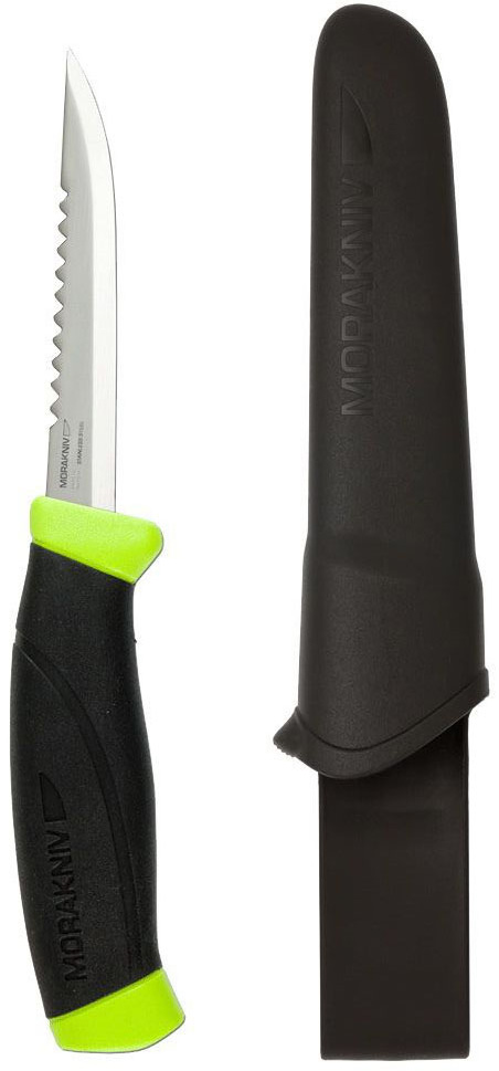 Нож туристический Morakniv Fishing Comfort Scaler Serrated Edge 98, цвет: черный, стальной, длина лезвия 9,8 смG746-1-OR Нож туристический Morakniv Fishing Comfort Scaler Serrated Edge 98, цвет: черный, стальной, длина лезвия 9,8 смG746-1-ORMorakniv Fishing Comfort Scaler Serrated Edge 98 ориентирован на любителей рыбной ловли. Режущая кромка его клинка заточена гладко, но на обухе расположен специальный серрейтор для чистки рыбы. Сам нож сделан из нержавеющего металла, а его рукоятка прорезинена, чтобы не скользить в мокрых руках.Нож подойдет для рыбаков, но также будет чрезвычайно полезен и любителям готовить блюда из рыбы дома. Его клинок имеет сразу две функциональные поверхности. Во-первых, это гладко заточенное лезвие с острым кончиком, которым можно делать очень аккуратные разрезы. А во-вторых, своеобразный серрейтор со стороны обуха, предназначенный для очистки рыбы от чешуи. Длина клинка составляет 9,8 см при толщине 2 мм. Он сделан из нержавейки производства Швеции. Это сплав Sandvik 12C27, который изготовлена холоднокатанным способом. В нем содержится повышенное количество хрома, за счет чего металл одновременно прочный и хорошо затачивается. Твердость этой стали рассчитана на уровне до 60 HRC. Она легко переносит контакт с водою и противостоит всем распространенным при эксплуатации в полевых условиях факторам образования коррозии.Рукоятка тоже сделана с учетом назначения ножа. Поскольку руки рыбаков очень часто бывают мокрыми, рукоятка ножа прорезиненная, чтобы обеспечить лучшее сцепление с кожей ладони. Поскольку Morakniv Fishing Comfort Scaler Serrated Edge 98 — нескладной нож, он продается с защитными ножнами из пластика. Ножны удобно использовать не только для хранения ножа, но и в случае, если нужно пристегнуть его к поясному ремню, чтобы держать под рукою.Общая длина ножа: 21,4 см.