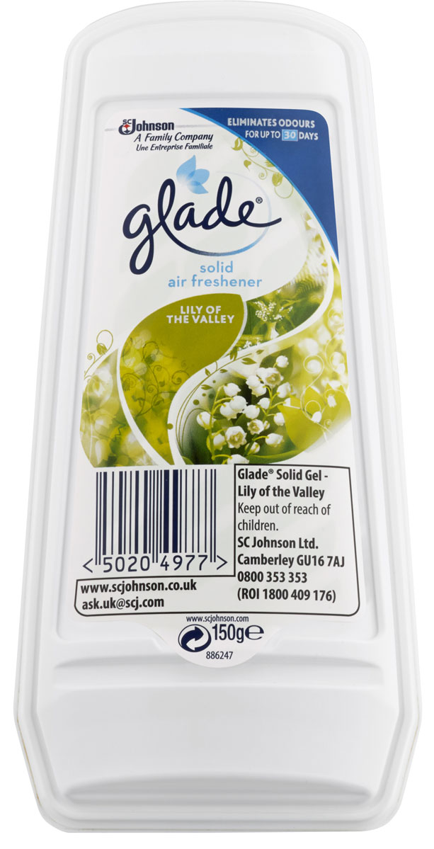 Освежитель воздуха Glade Ландыш, гелевый, 150 г19201 Освежитель воздуха Glade Ландыш, гелевый, 150 г19201Эффективный гелевый освежитель длительного действия Glade Ландыш наполнит ваш дом прекрасными ароматами природы и поможет избавиться от неприятных запахов. Освежитель постоянно поддерживает аромат в течение 30 дней. Защитная пленка контролирует интенсивность запаха.Гель Glade можно использовать во всех помещениях вашего дома.Состав: вода, загуститель, отдушка, полиакрилат натрия, консервант, краситель, цитраль, гераниол, линалоол, 2-(-4-третбутилбензил)-пропиональдегид, цитронеллол. Вес: 150 г.Товар сертифицирован.