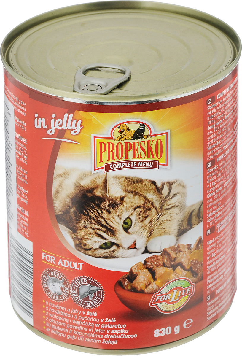 Консервы для кошек Propesko, желе с говядиной и печенью, 830 г0120710 Консервы для кошек Propesko, желе с говядиной и печенью, 830 г0120710Консервы Propesko - это полнорационное питание для взрослых кошек. Консервированный корм оказывает благотворное влияние на организм питомца, улучшает пищеварение и дарит чувство сытости на долгое время.Товар сертифицирован.