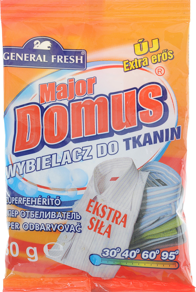 Суперотбеливатель General Fresh Major Domus, для тканей, оптический, 80 г106-026 Суперотбеливатель General Fresh Major Domus, для тканей, оптический, 80 г106-026Суперотбеливатель General Fresh Major Domus - это активная формула нового поколения, которая возвращает снежную белизну пожелтевшим и серым тканям. Отбеливатель позволяет также удалить стойкие и засохшие пятна. Грязную одежду, скатерть, постельное белье, прежде чем поместить в стиральную машину, нужно замочить в воде с добавлением отбеливателя для тканей. Для того, чтобы освежить белое отбеливатель можно добавлять в стиральный порошок. Отбеливатель для тканей General Fresh Major Domus не содержит хлора.Товар сертифицирован.