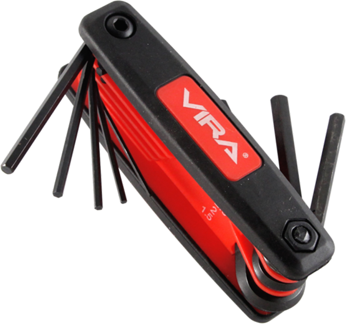 Набор складных шестигранных ключей Vira. 303144RC-100BWC Набор складных шестигранных ключей Vira. 303144RC-100BWCНабор складных шестигранных ключей VIRA 303144 в пластиковом держателе. В набор входят 8 ключей с размерами: 1,5 мм, 2 мм, 2,5 мм, 3 мм, 4 мм, 5 мм, 6 мм, 8 мм, а также пластиковый держатель. Линейка размеров, включает в себя часто используемые и необходимые размеры. Ключи, выполненные из высококачественного металла, оптимизированы для работы в труднодоступных местах. Удлиненные ключи могут использоваться под разными углами, а ручка позволяет делать более удобный захват. Набор отлично подойдет как для авторемонта, так и для обычных бытовых задач, например, для сборки мебели.